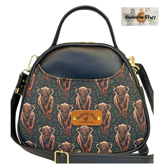 Highland Cow Linen Canvas Double-Zip Crossbody Bag