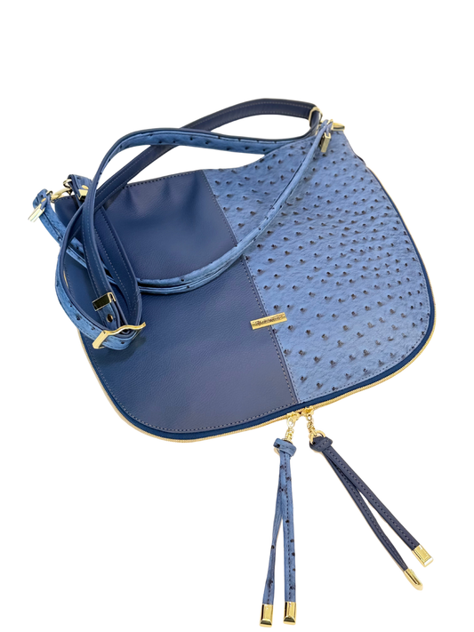 Blue Faux Ostrich Slouch Bag – Luxe Crossbody with Gold Hardware