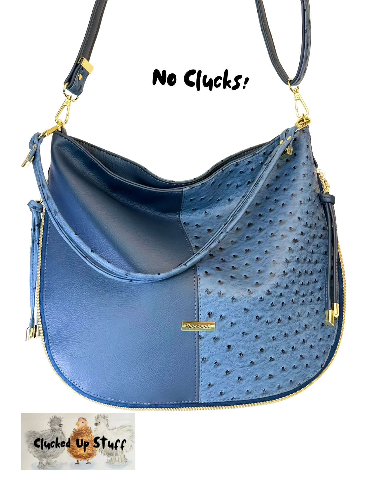 Blue Faux Ostrich Slouch Bag – Luxe Crossbody with Gold Hardware