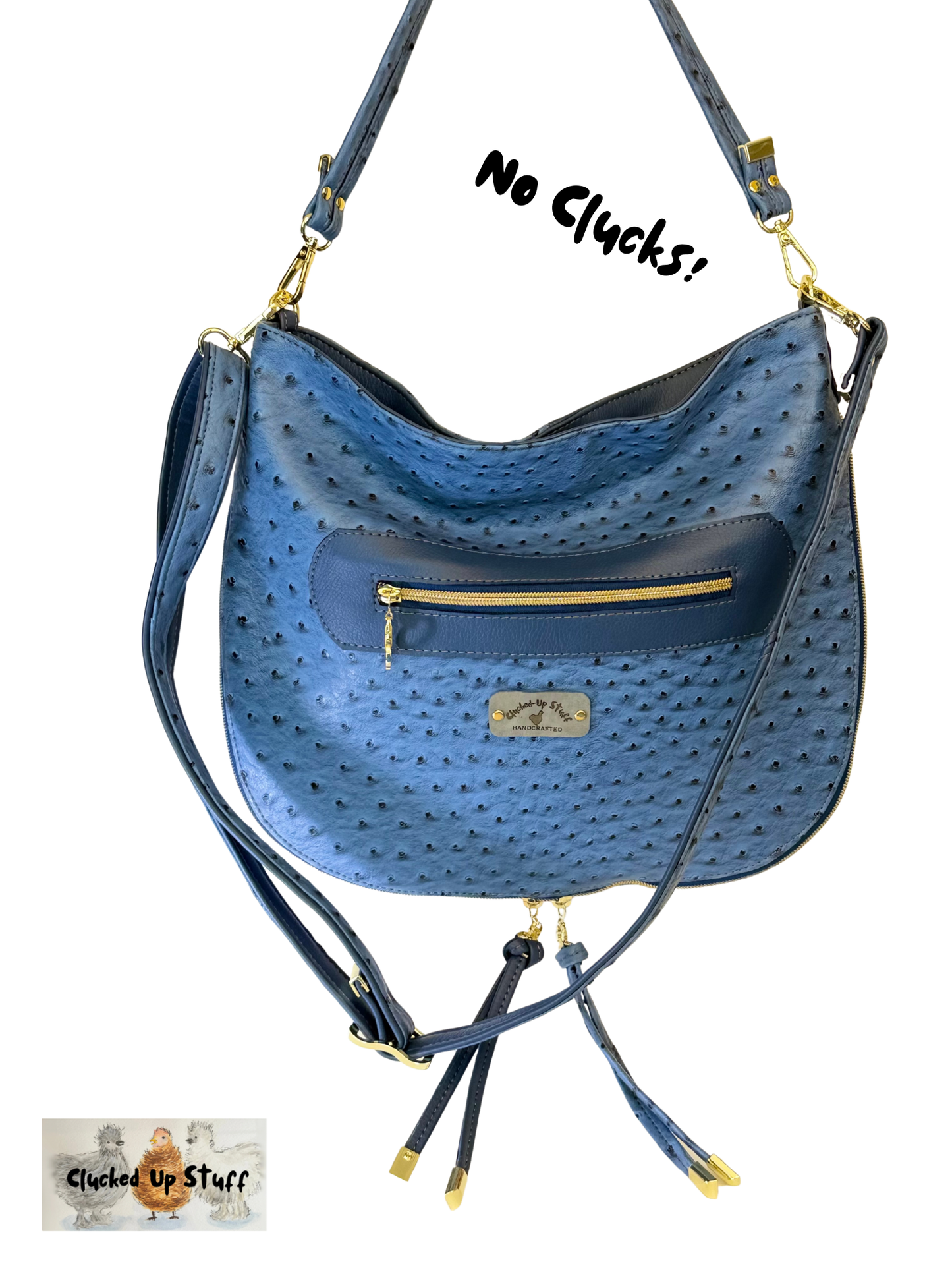 Blue Faux Ostrich Slouch Bag – Luxe Crossbody with Gold Hardware