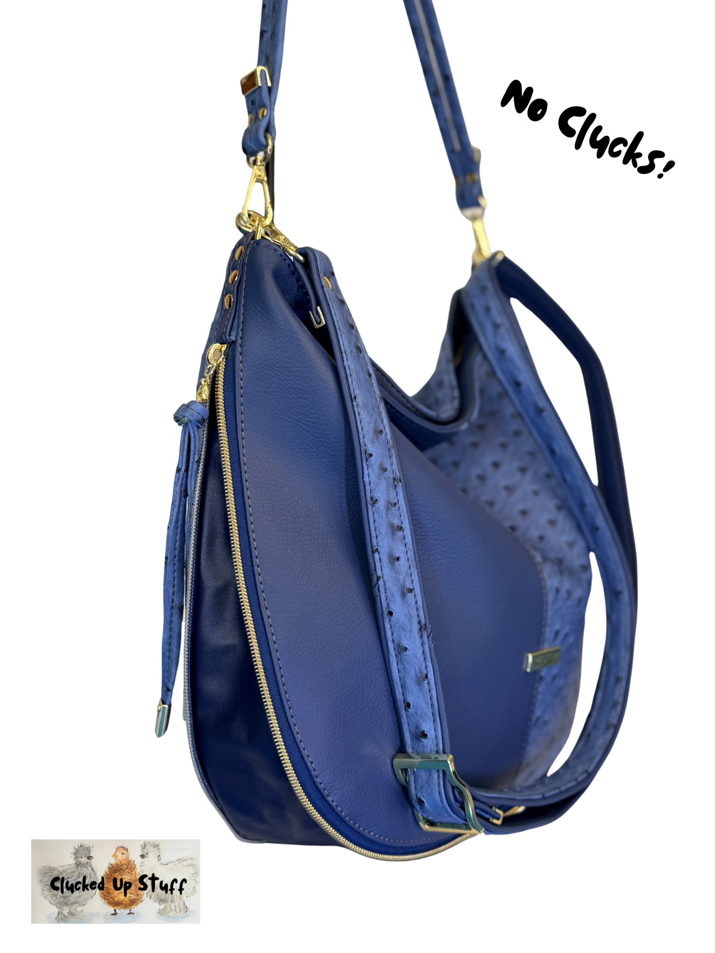 Blue Faux Ostrich Slouch Bag – Luxe Crossbody with Gold Hardware