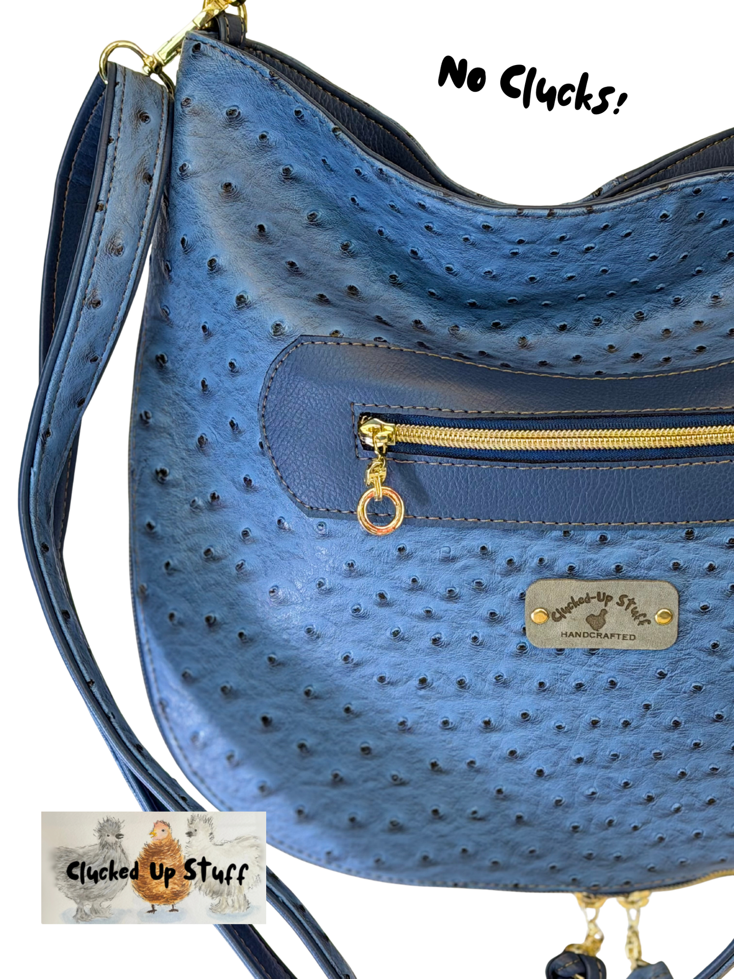 Blue Faux Ostrich Slouch Bag – Luxe Crossbody with Gold Hardware