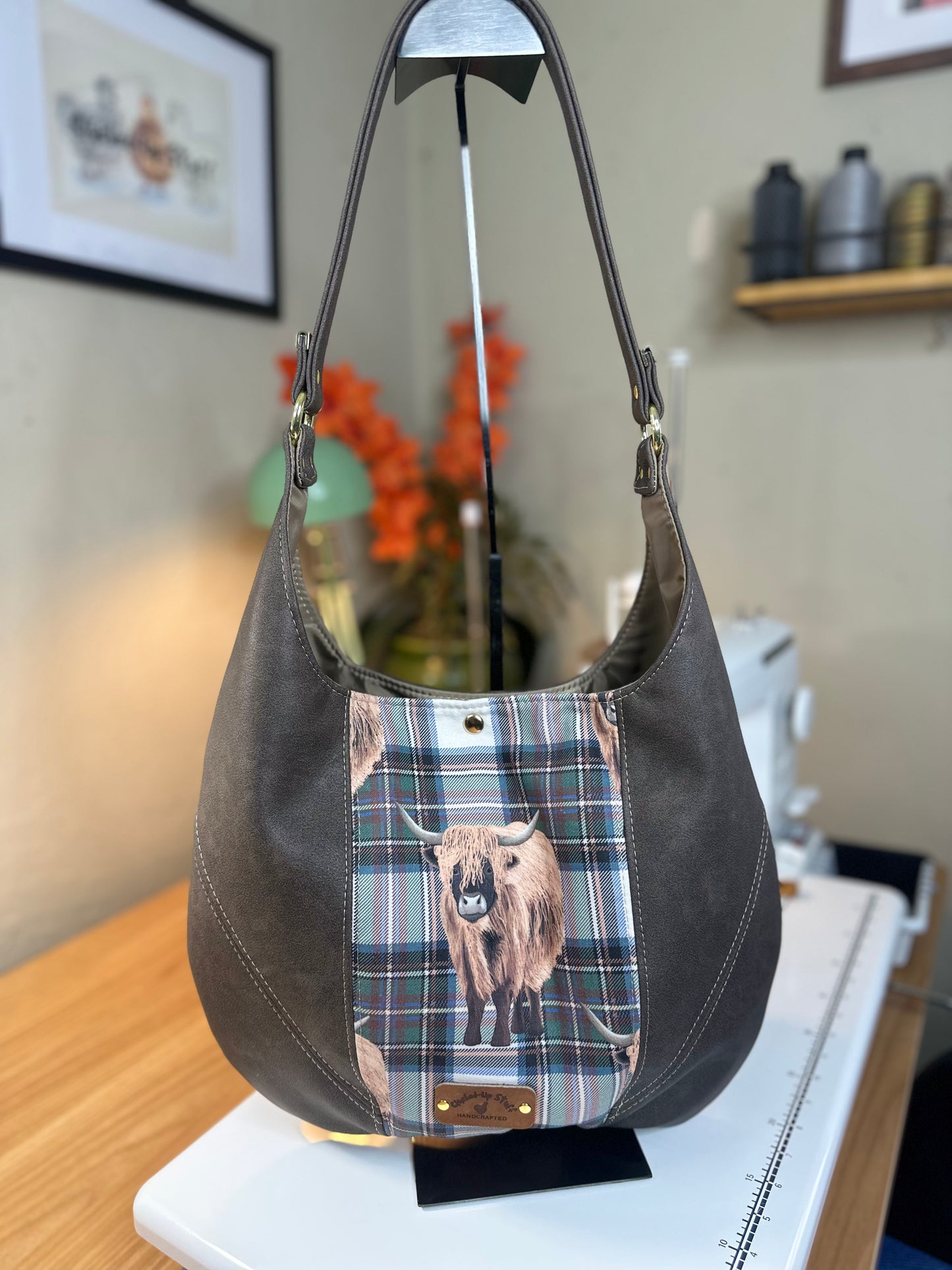 Slouchy Boho Shoulder Bag in Highland Cow Plaid