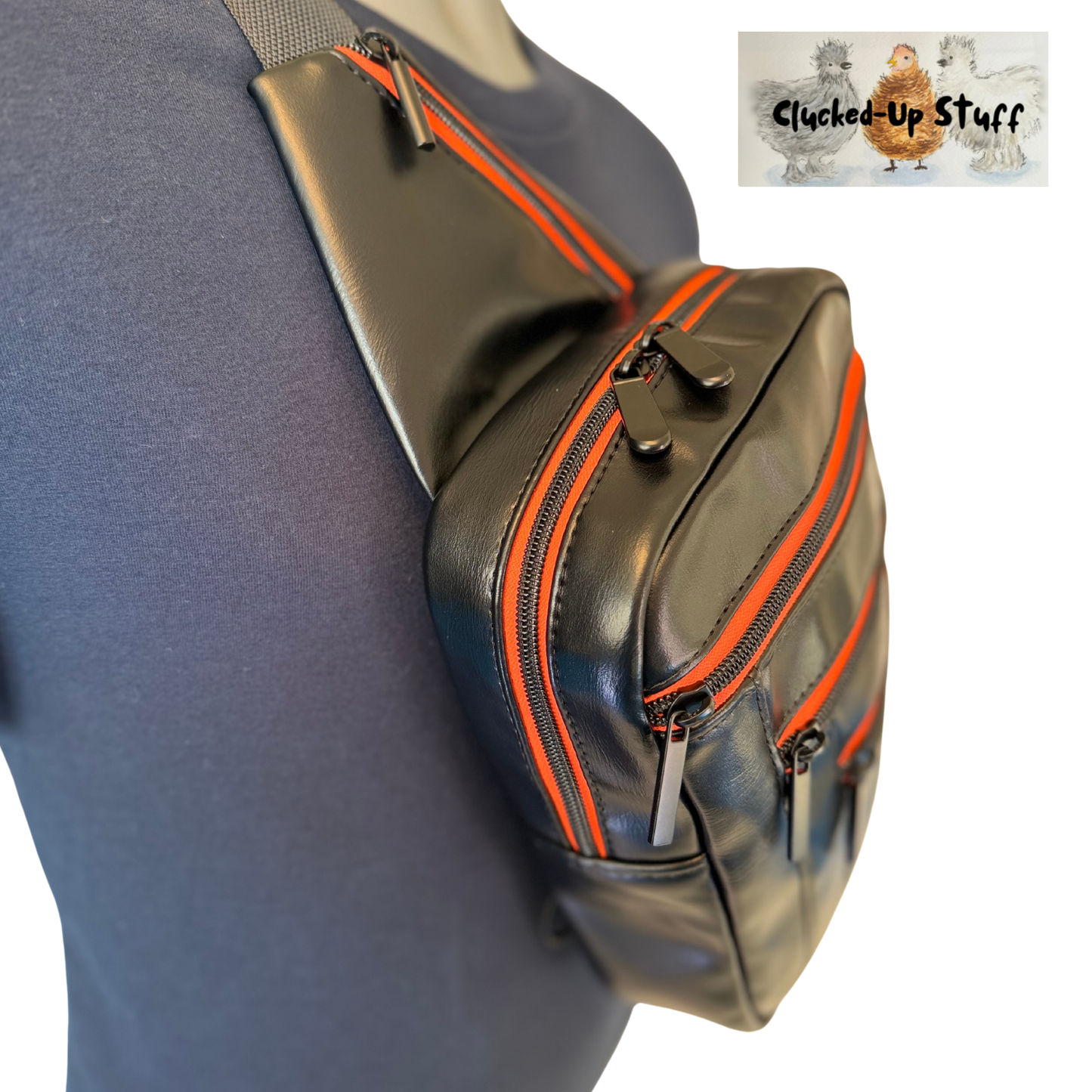 Black Faux Leather Unisex Sling Bag with Orange Zippers | Waterproof Lining | Modern Crossbody