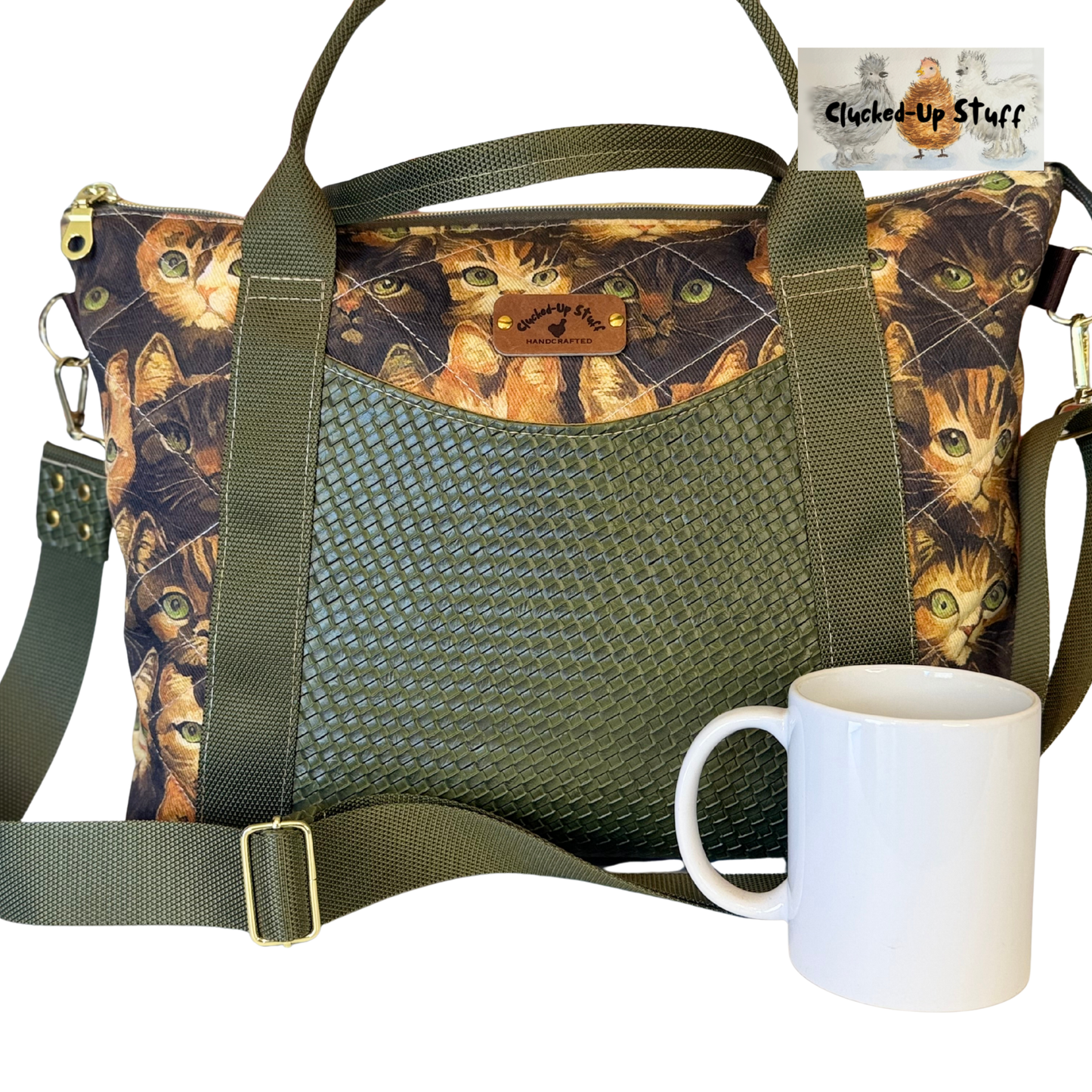 Kittens Cats Print Denim & Faux Leather Commuter Tote Bag