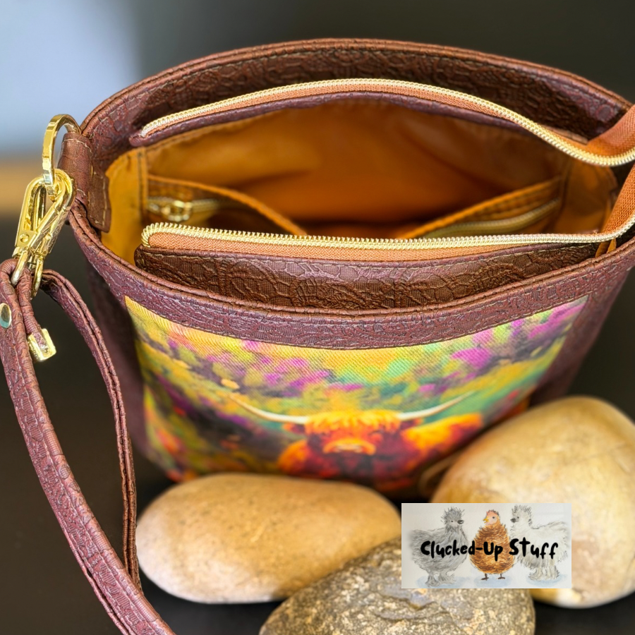 Baby Belle Bucket Bag – Highland Cow Print with Embossed Faux Leather