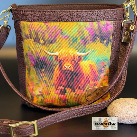 Baby Belle Bucket Bag – Highland Cow Print with Embossed Faux Leather