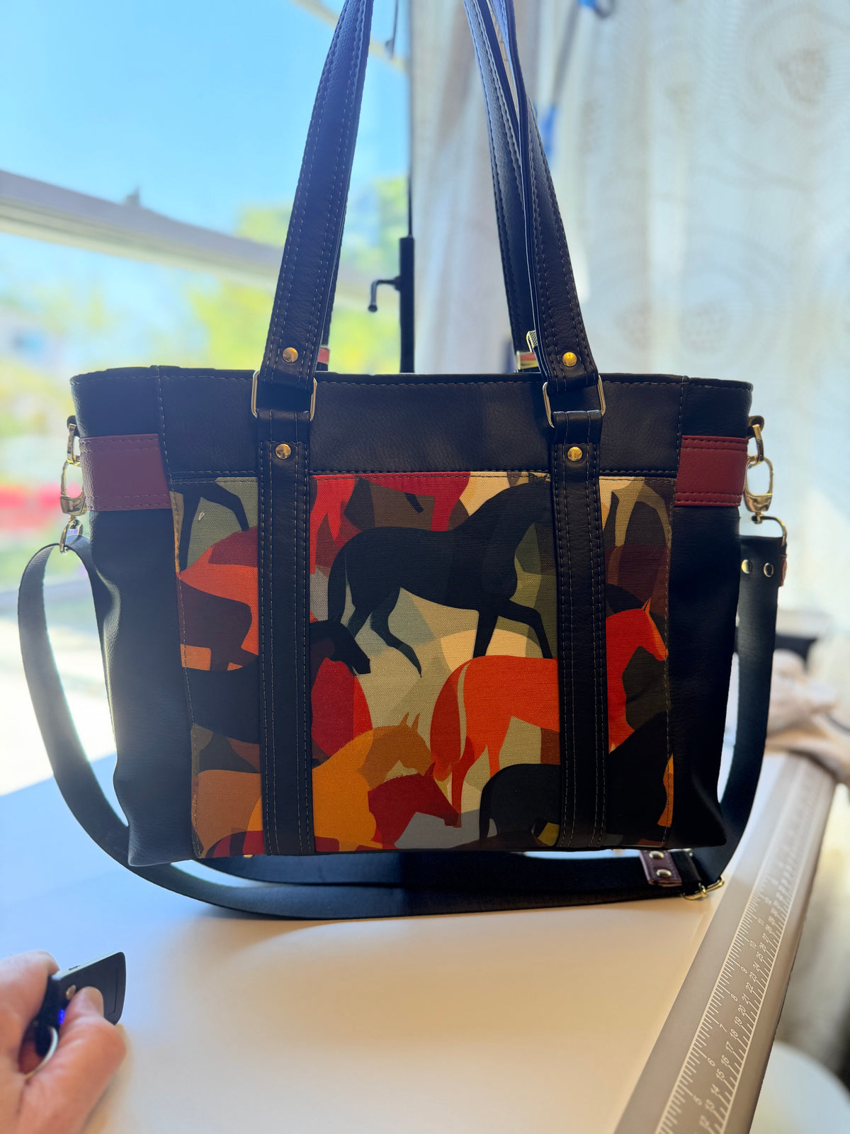 Equestrian Horse Print Faux Leather & Canvas Tote Bag