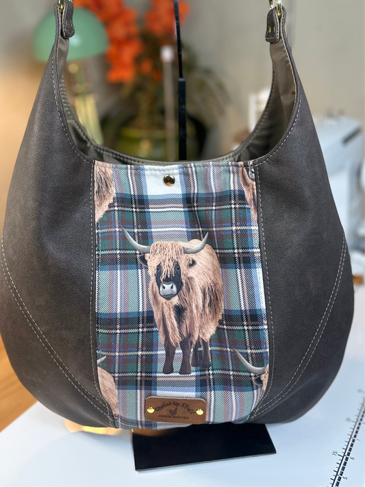 Slouchy Boho Shoulder Bag in Highland Cow Plaid