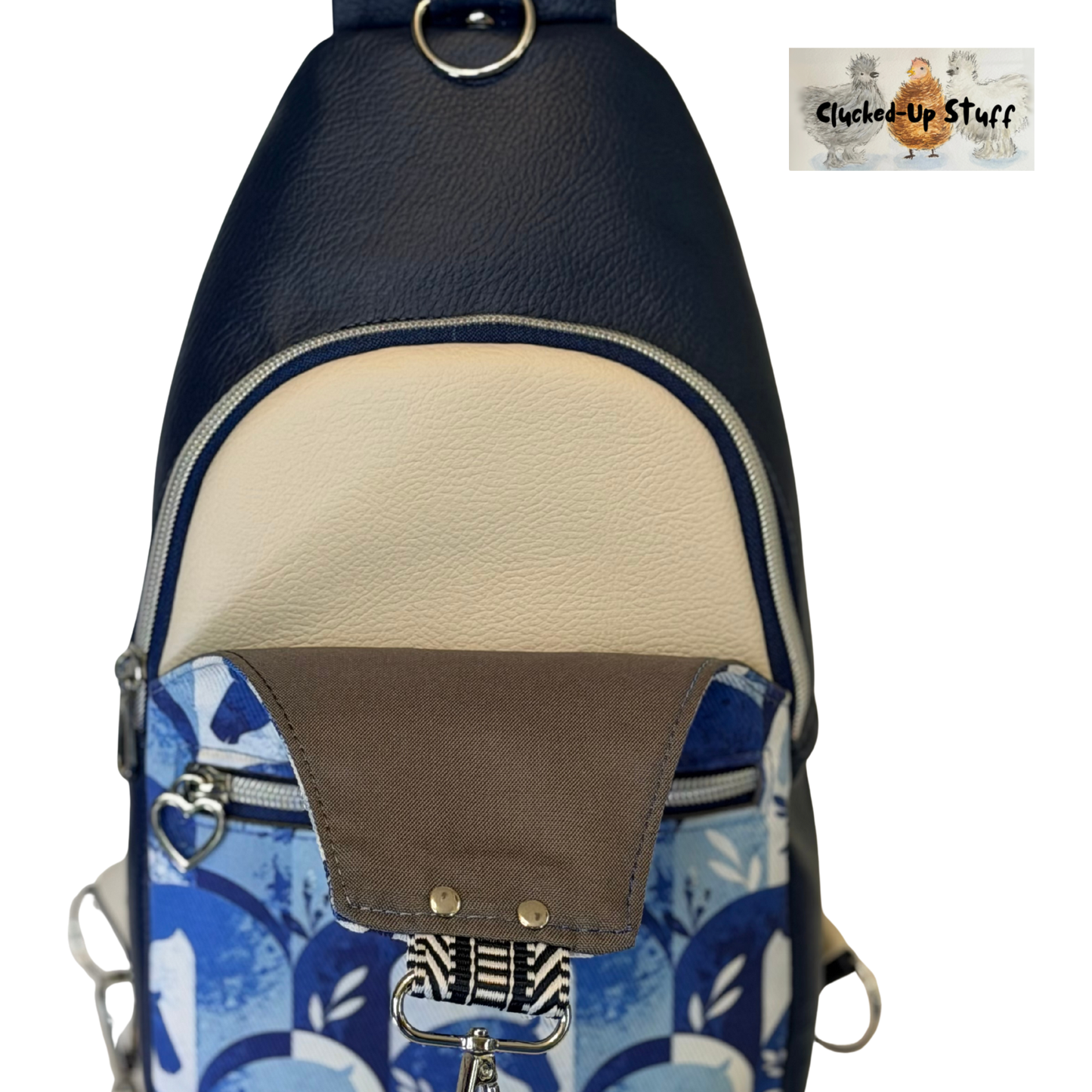 Denim Horse Print Sling Bag with Faux Leather & Water-Resistant Canvas Interior