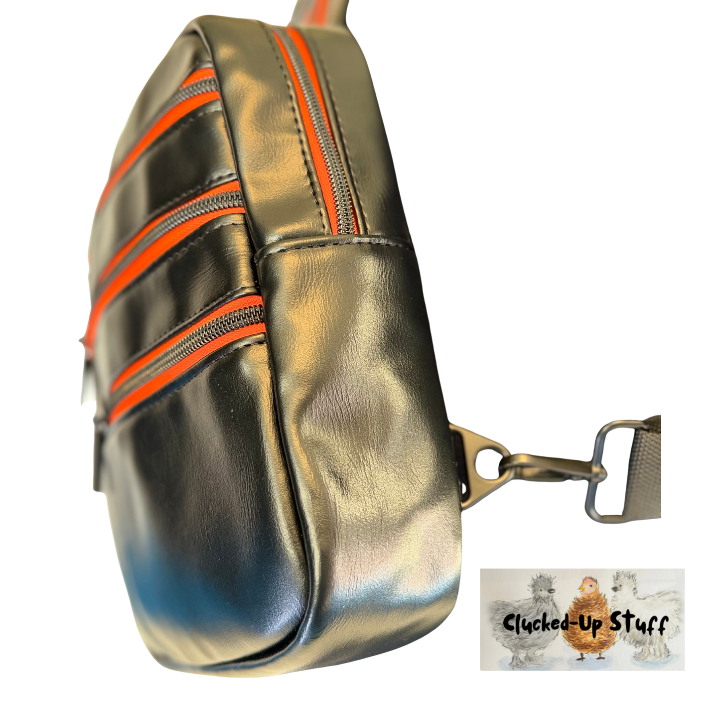 Black Faux Leather Unisex Sling Bag with Orange Zippers | Waterproof Lining | Modern Crossbody