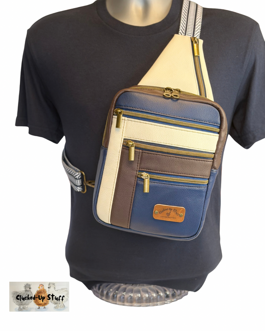 Colorblock Faux Leather Sling Bag with Multi-Zip Pockets