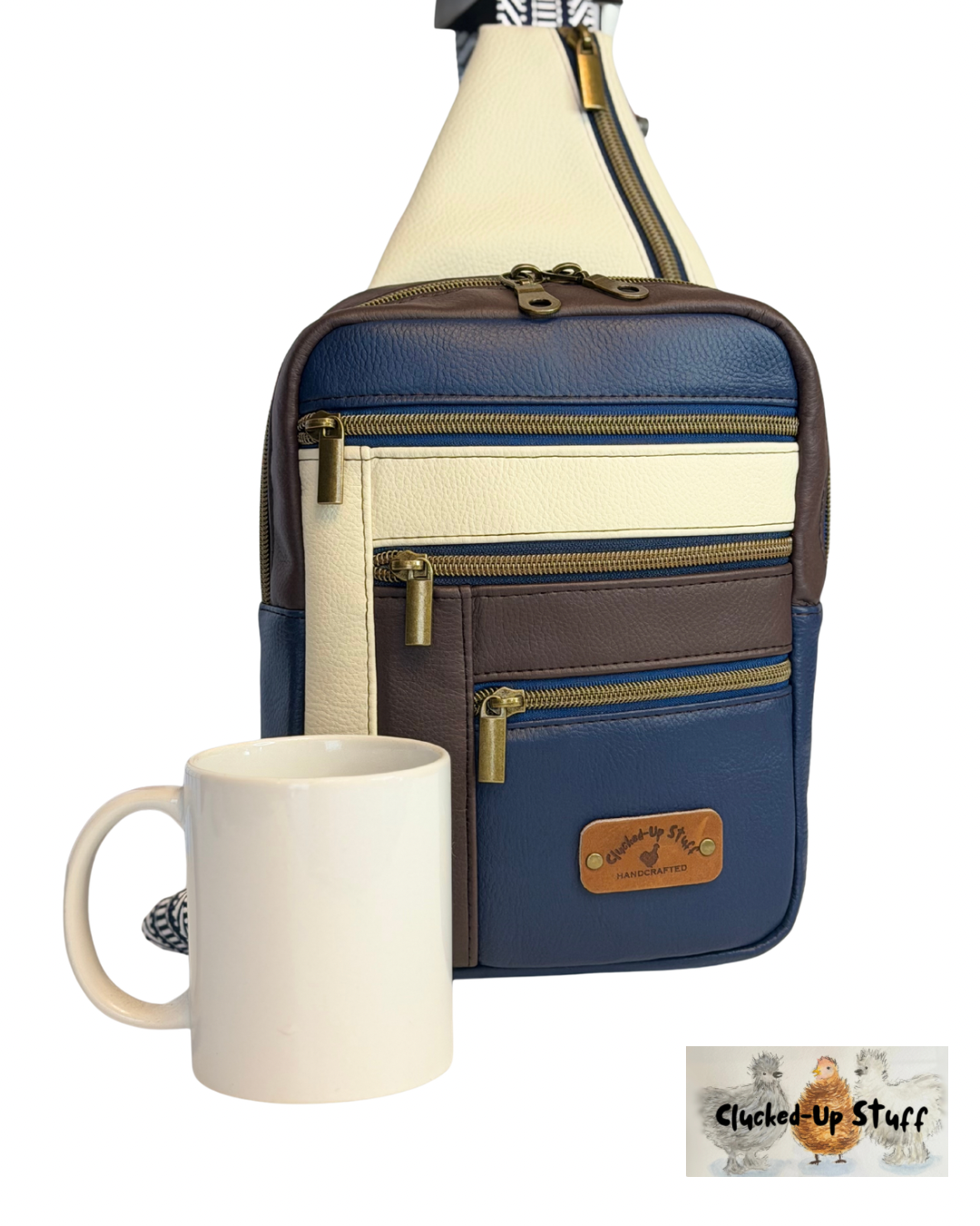 Colorblock Faux Leather Sling Bag with Multi-Zip Pockets
