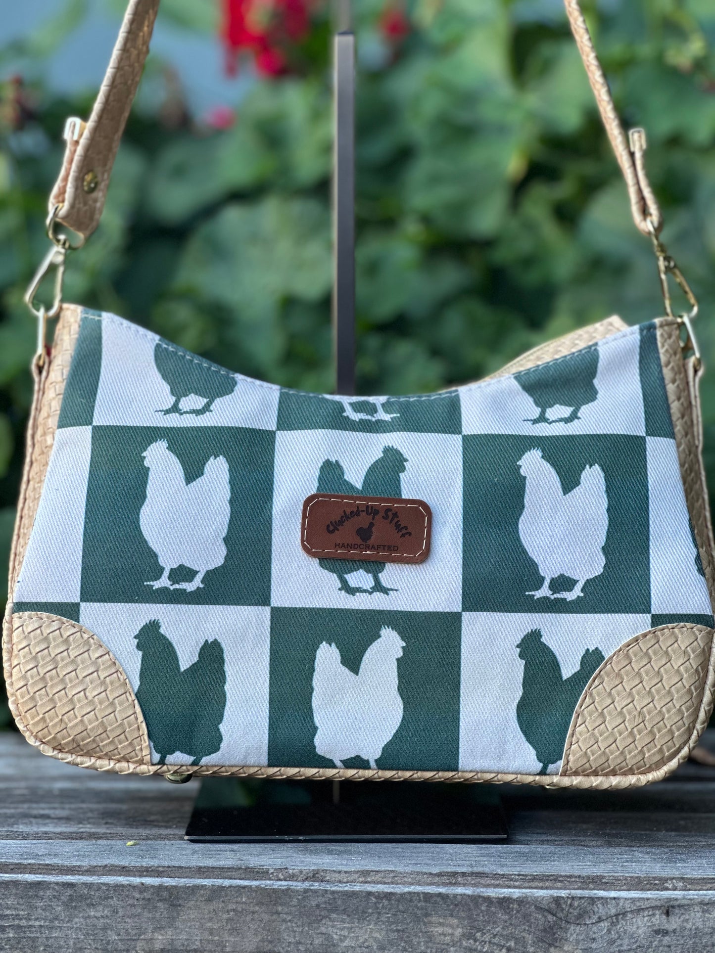Green Checkered Chicken Shoulder Bag – Denim & Basket Weave Faux Leather
