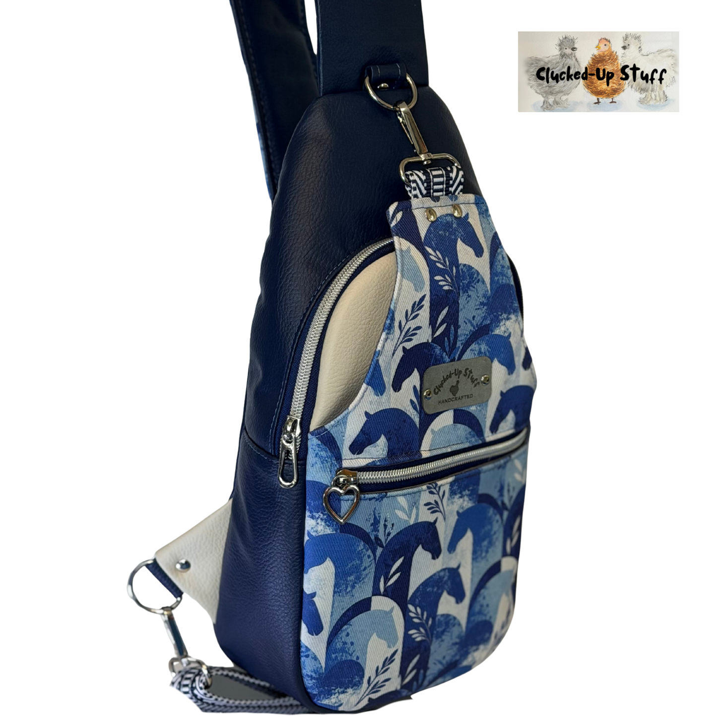 Denim Horse Print Sling Bag with Faux Leather & Water-Resistant Canvas Interior