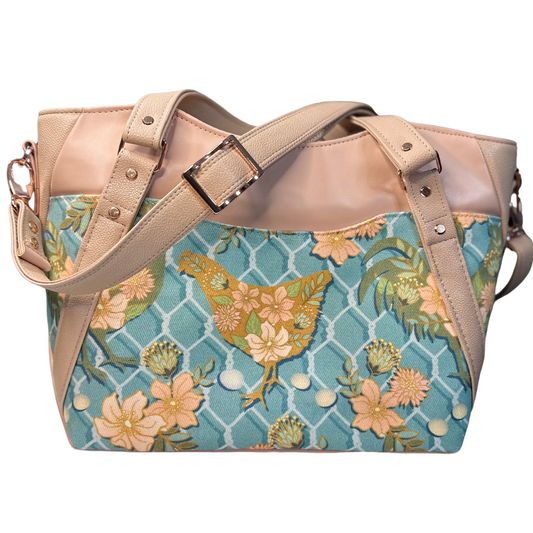 Floral Chicken Garden Tote – Blush Faux Leather & Blue Hen Print Handbag