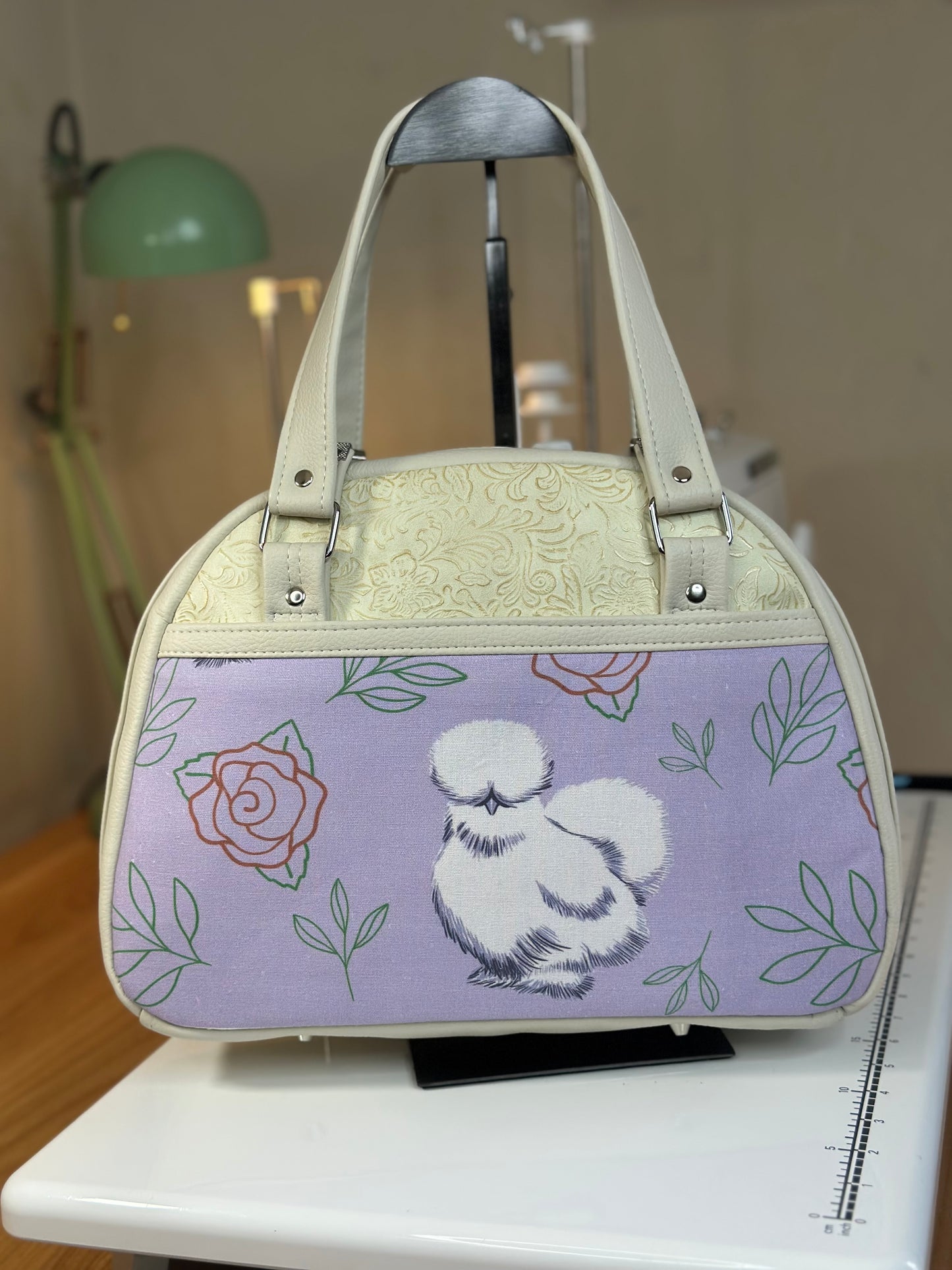 Silkie Chicken Bowler Bag – Lavender Canvas & Faux Leather