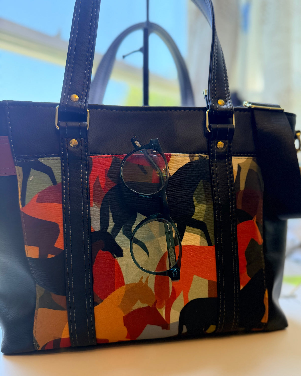 Equestrian Horse Print Faux Leather & Canvas Tote Bag