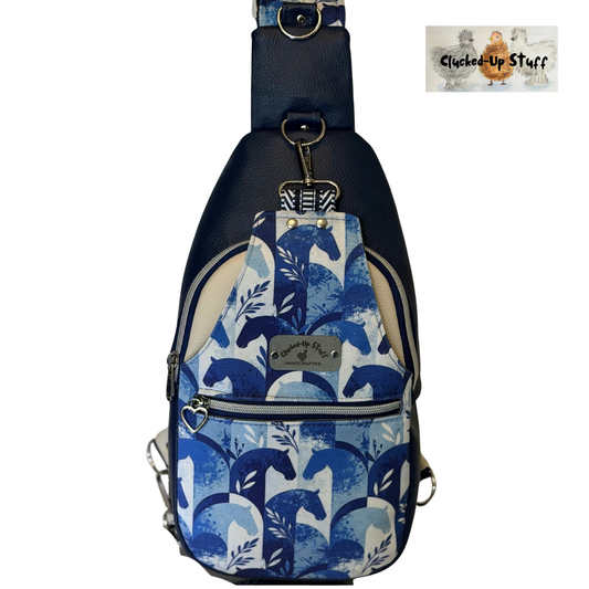 Denim Horse Print Sling Bag with Faux Leather & Water-Resistant Canvas Interior