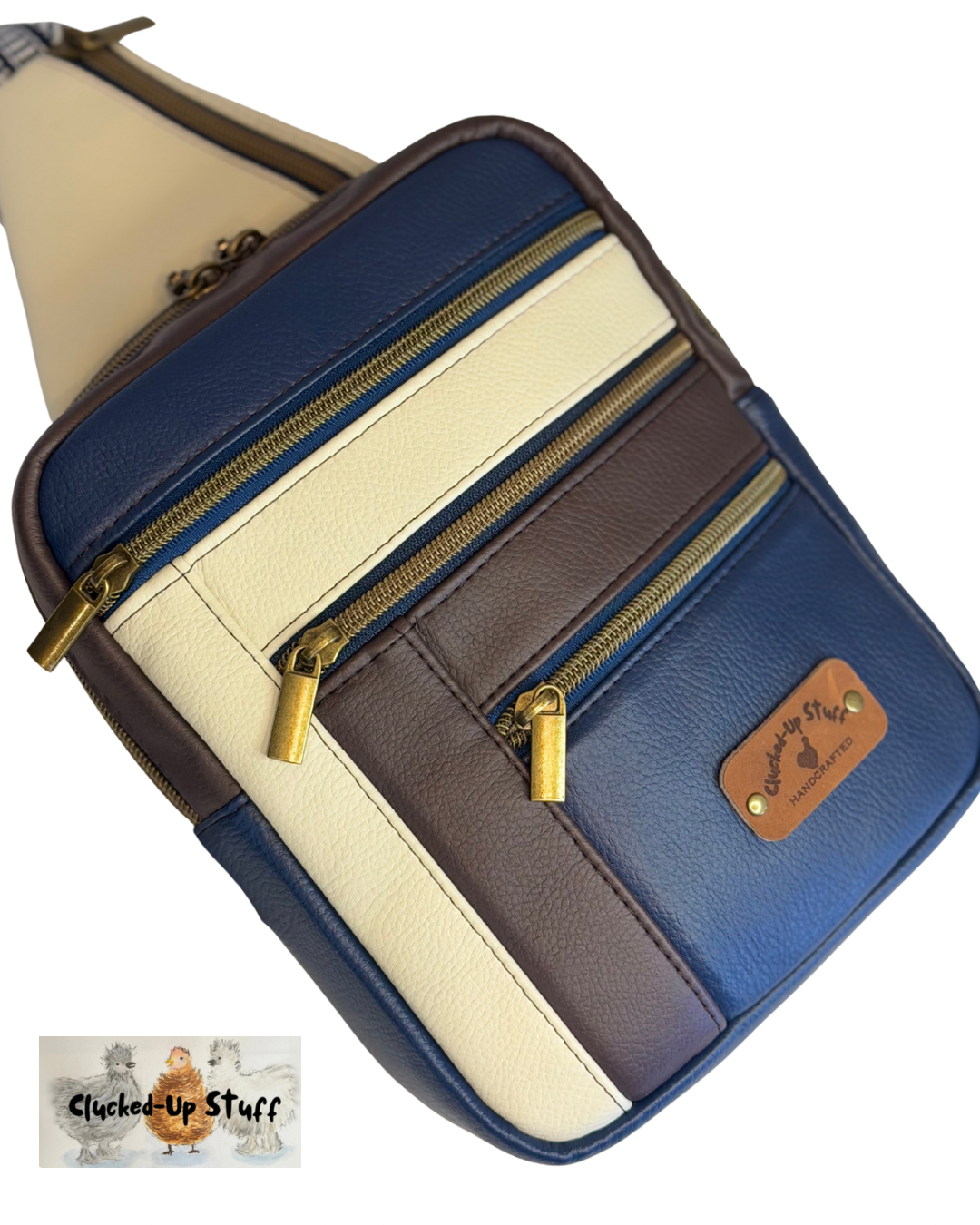 Colorblock Faux Leather Sling Bag with Multi-Zip Pockets